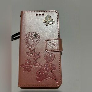 Pink Floral Roses Butterfly Faux Leather IPhone 14 Phone Card Case Wristlet